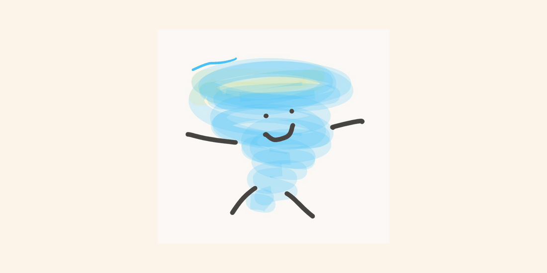 Illustration of a smiling, cartoon-style blue whirlwind with stick arms and legs on a soft beige background.