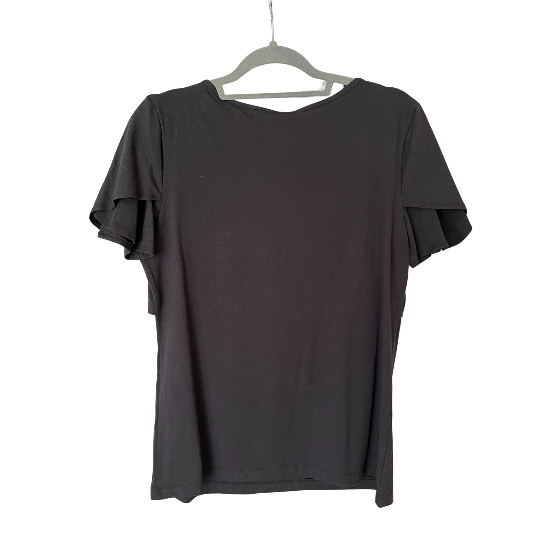 Back view of black breastfeeding-friendly v-neck nursing top with easy nursing access, perfect for postpartum moms.