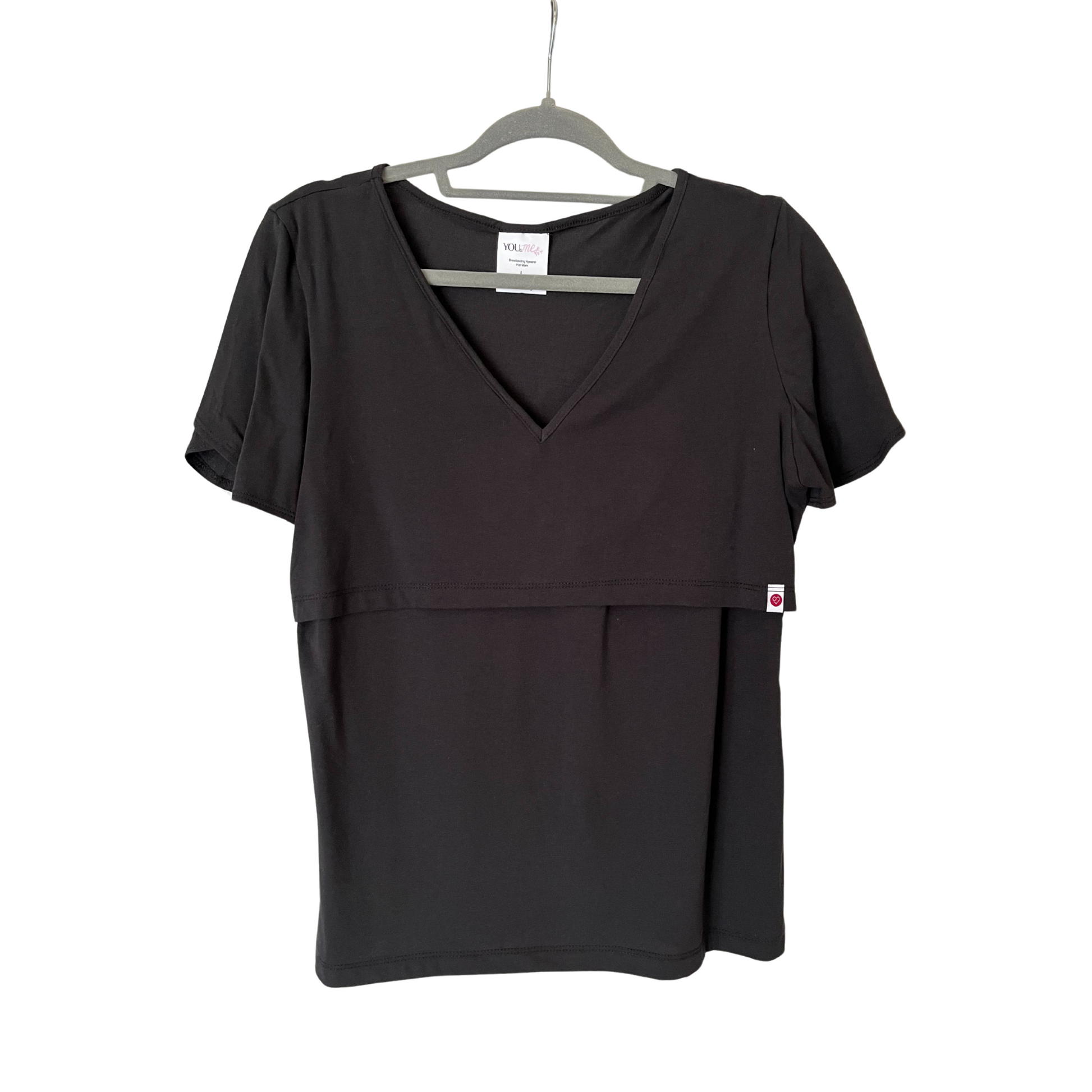 Front view of black-breastfeeding-friendly v-neck nursing top with easy nursing access, perfect for postpartum moms