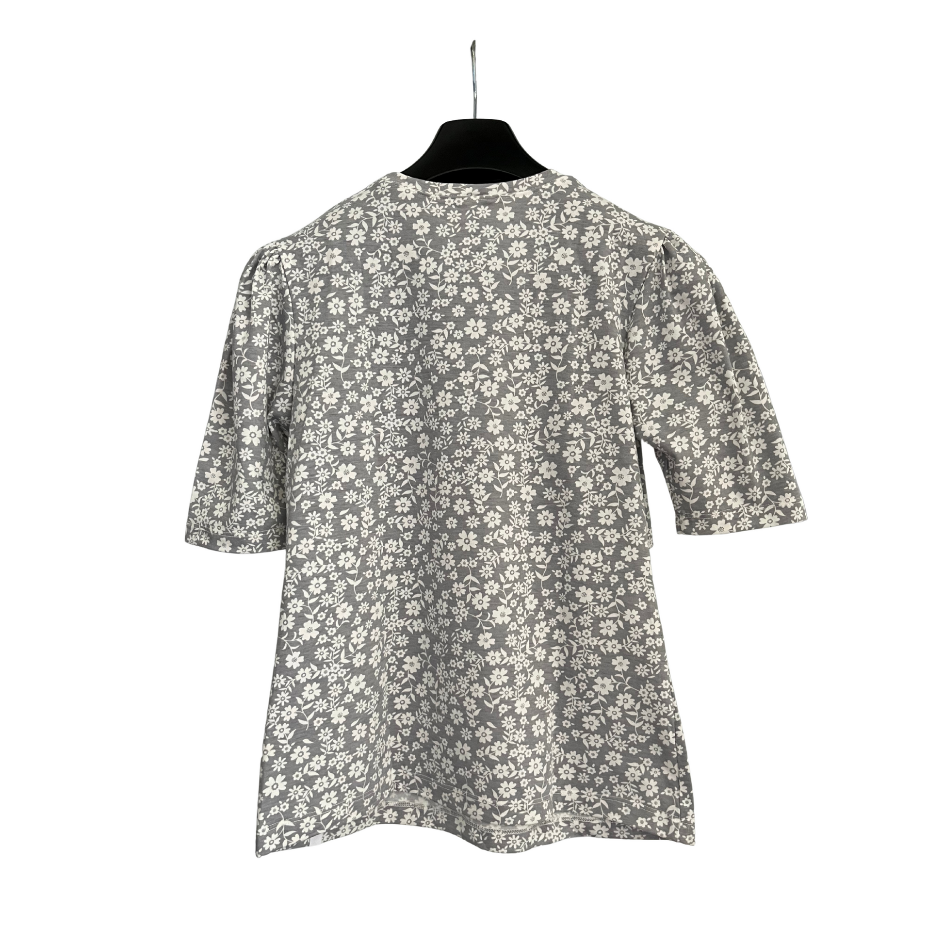 Back view of gray floral breastfeeding nursing top with mid-length sleeves, breathable fabric, and postpartum-friendly fit.
