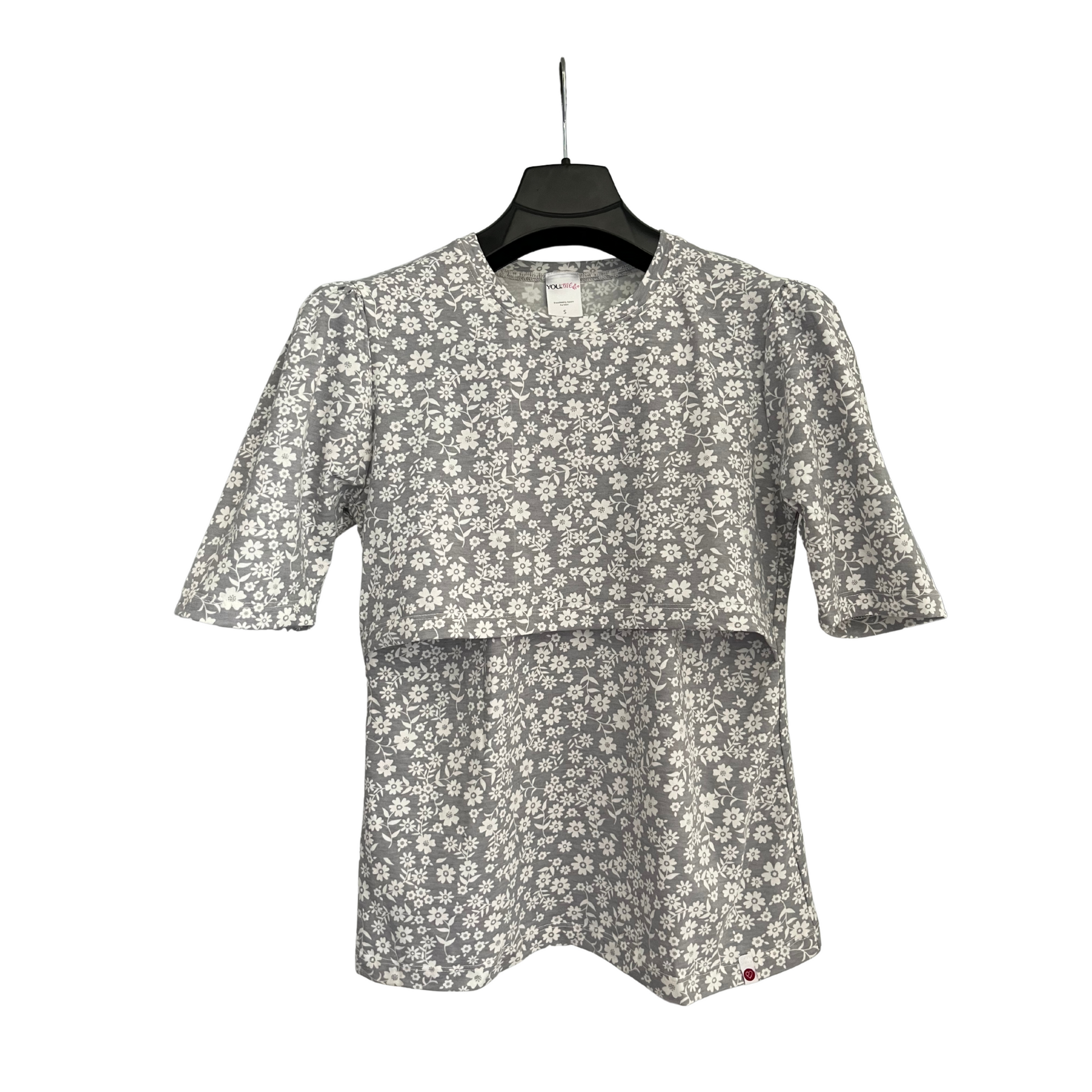 Gray floral breastfeeding nursing top with discreet double-layer nursing access, relaxed mid-length sleeves, and soft breathable fabric.