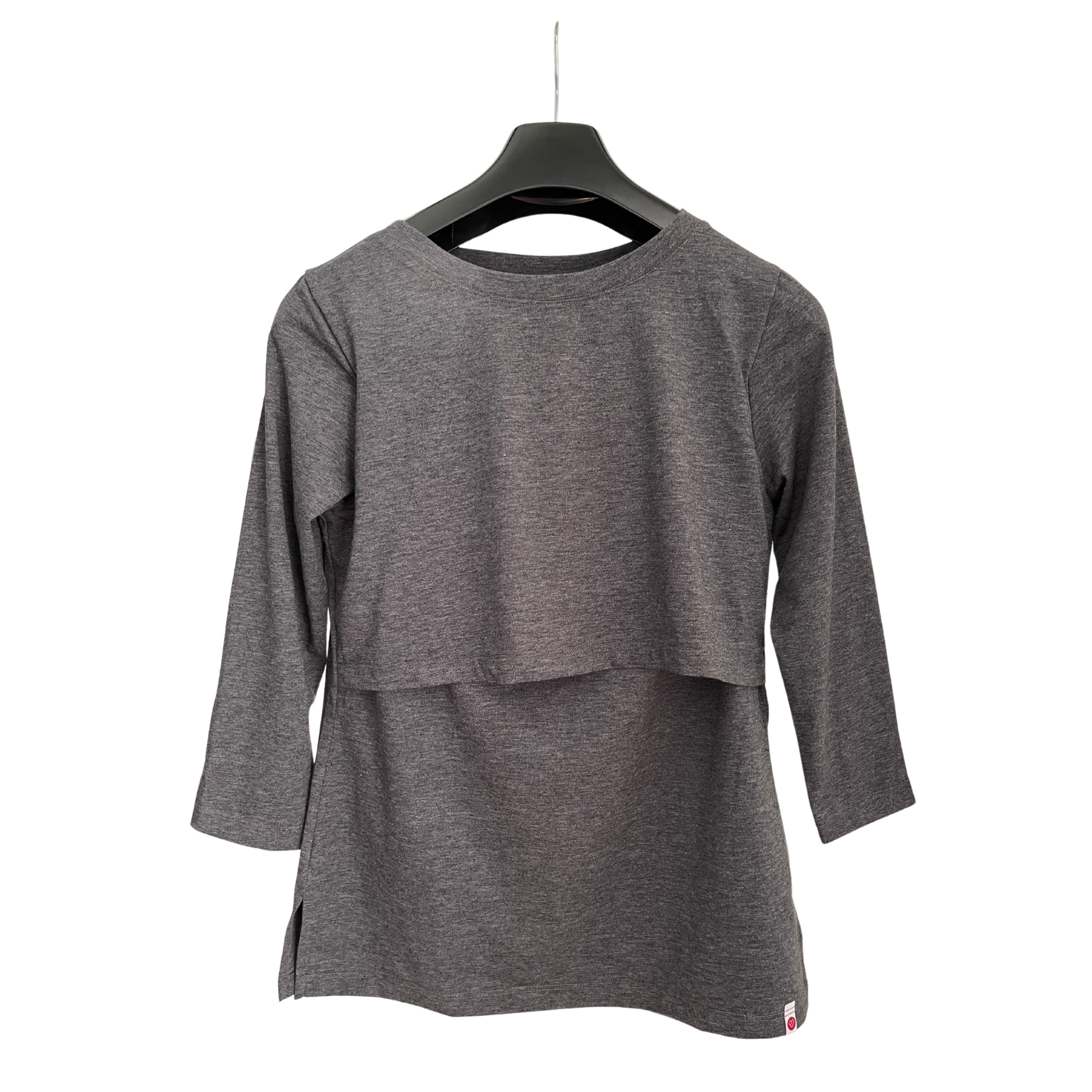 Front view of gray breastfeeding nursing top with front-layer design for discreet nursing access.