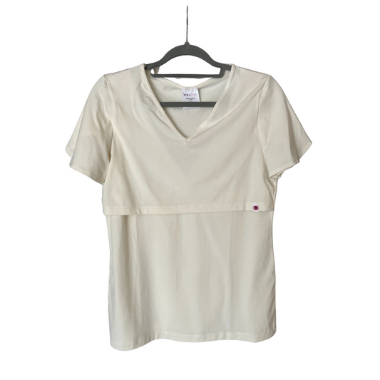 Front view of ivory breastfeeding-friendly v-neck nursing top with easy nursing access, perfect for postpartum moms