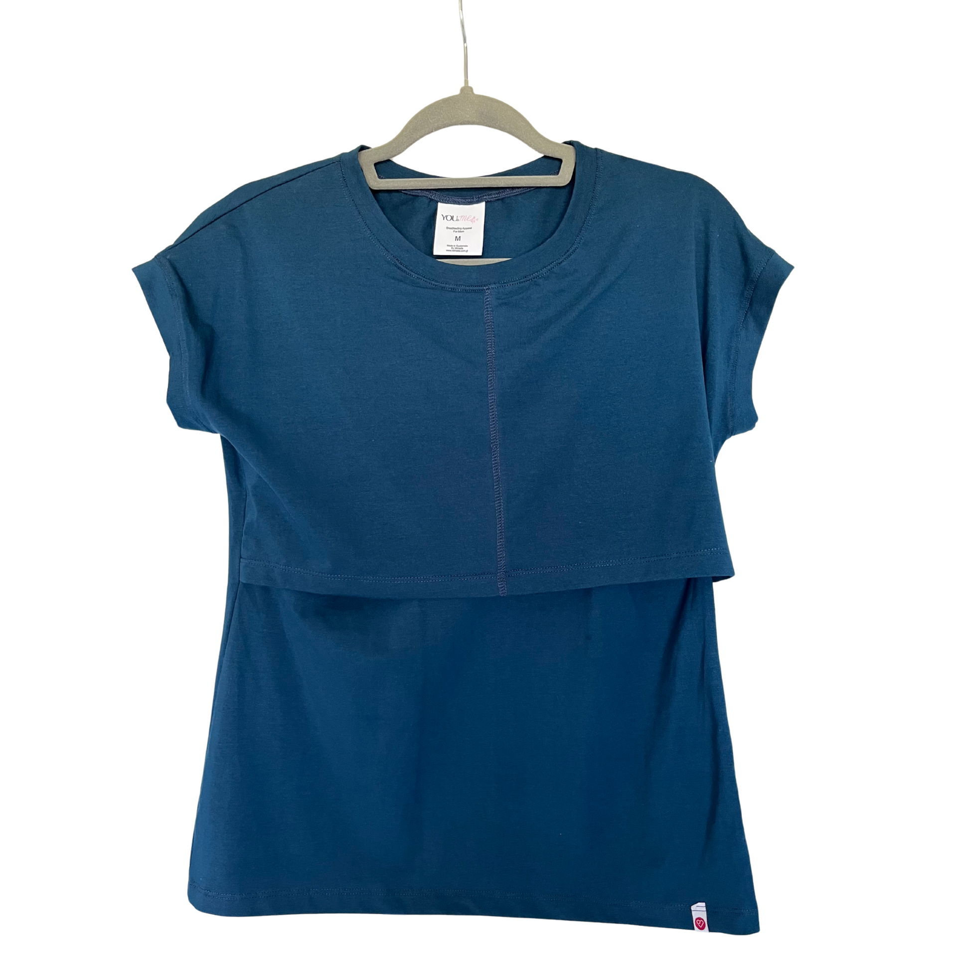 Dark teal breastfeeding-friendly nursing t-shirt with hidden front-layered nursing access, perfect for breastfeeding and pumping postpartum moms.