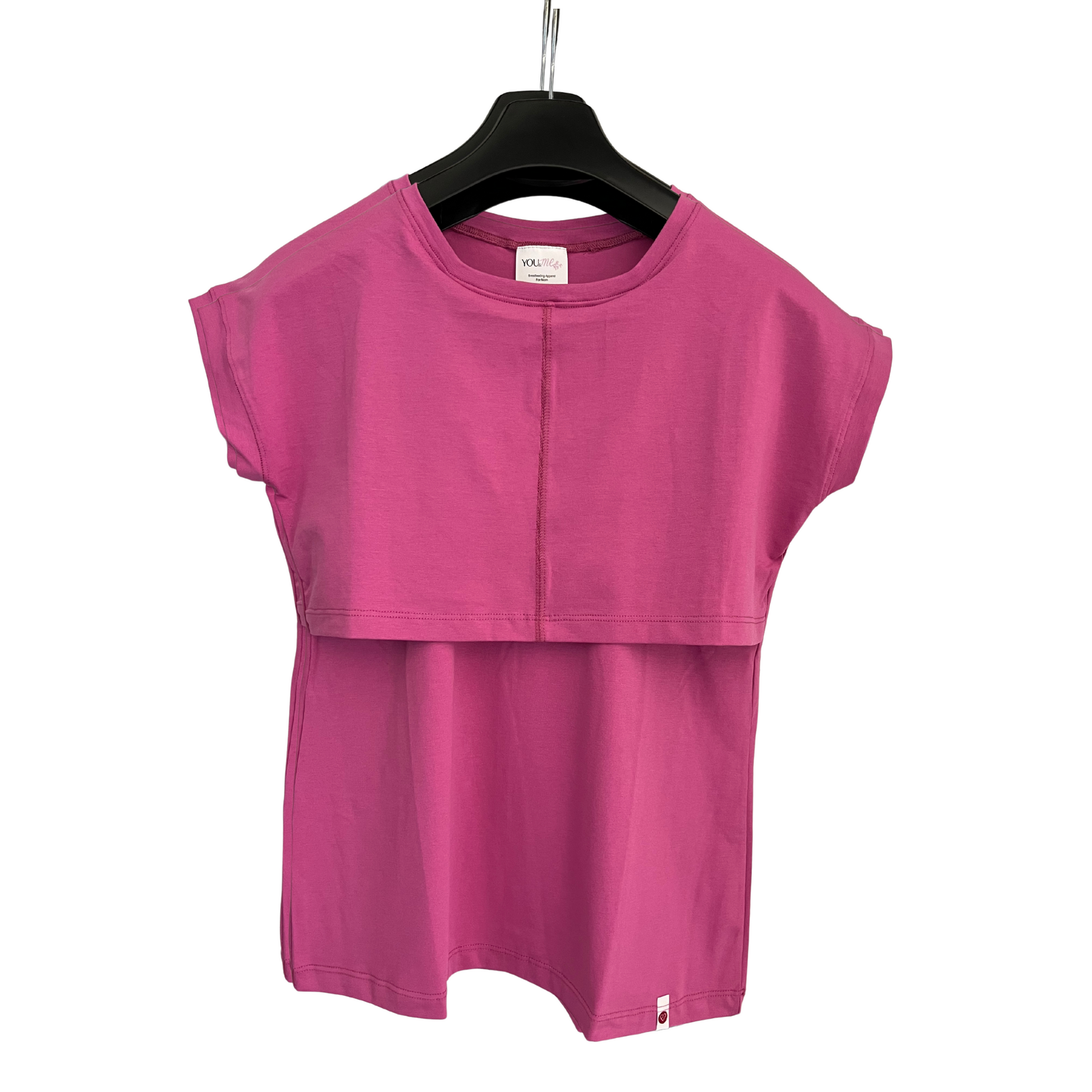 Magenta discreet breastfeeding-friendly nursing magenta t-shirt with hidden front-layered nursing access for breastfeeding and pumping moms.