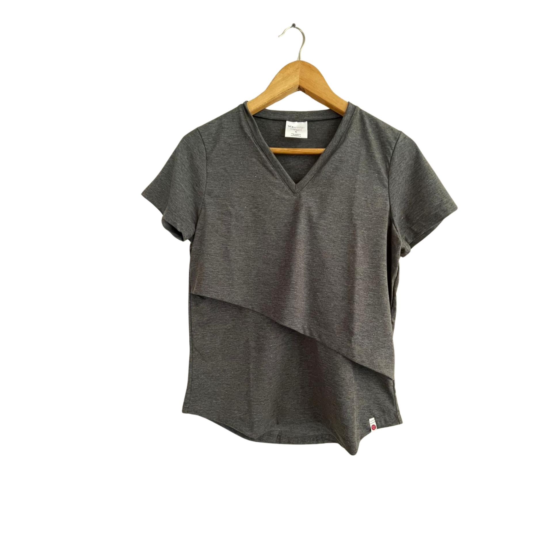 Gray breastfeeding nursing top with V-neck and draped front-layer design for discreet nursing access and postpartum style.