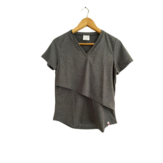 Gray breastfeeding nursing top with V-neck and draped front-layer design for discreet nursing access and postpartum style.