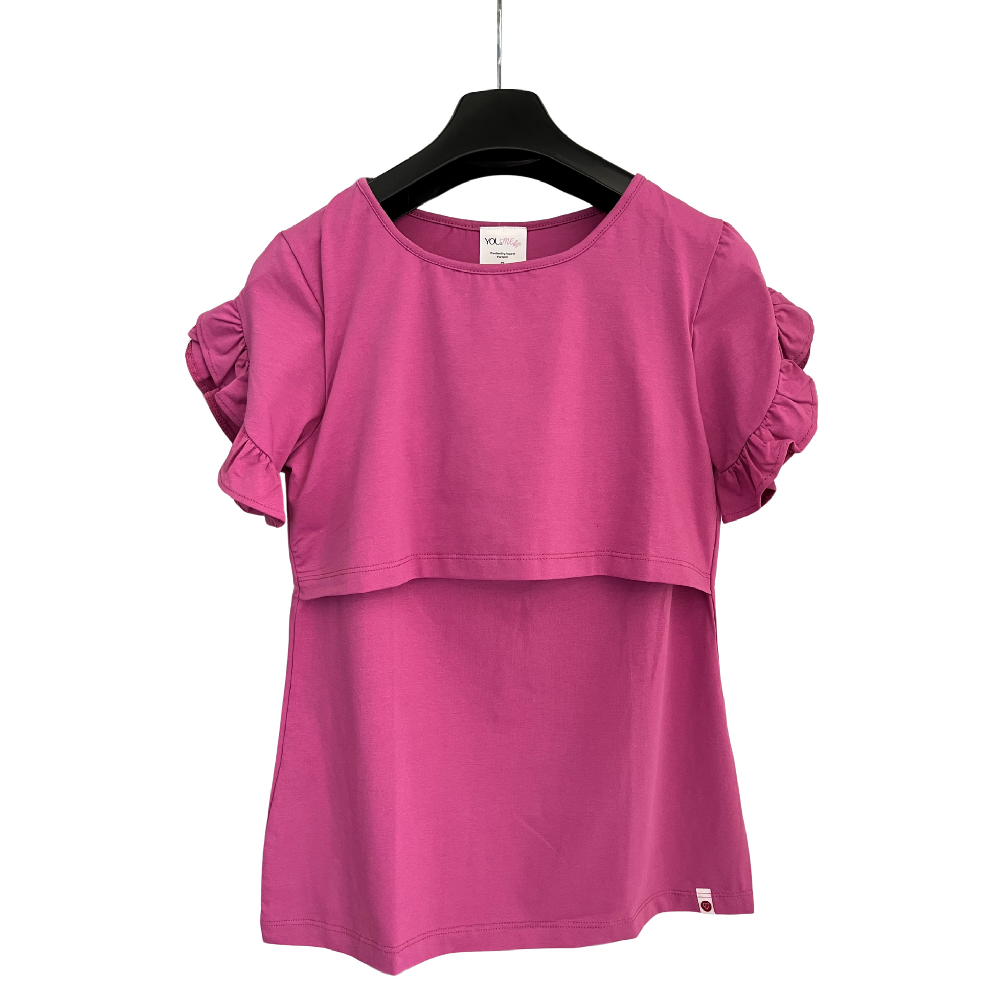 Magenta breastfeeding nursing top with ruffle sleeves and front-layer design for discreet nursing access and postpartum comfort.